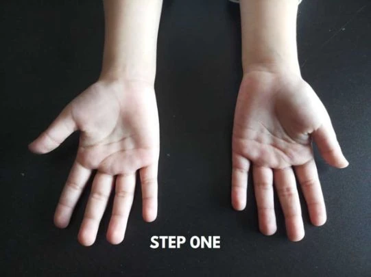 Step 1: both hands held out, fingers closed in the resting position
