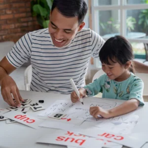 A young child blending letter sounds to read a word