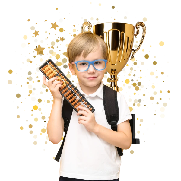 Kid holding abacus and celebrating success with a gold cup in the background