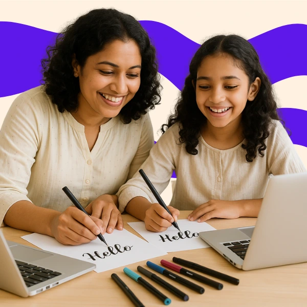 A mother and daughter learning calligraphy online