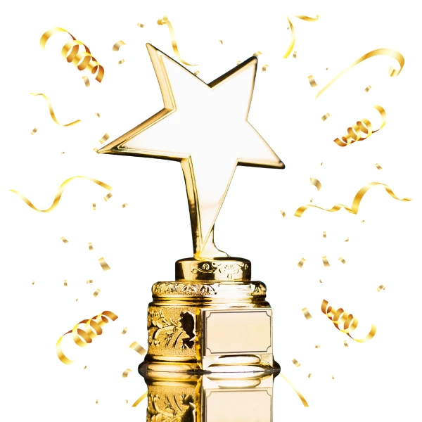 A golden trophy with confetti